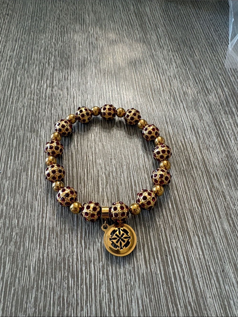 Rustic Cuff Gold and Burgundy Beaded Charm Bracelet